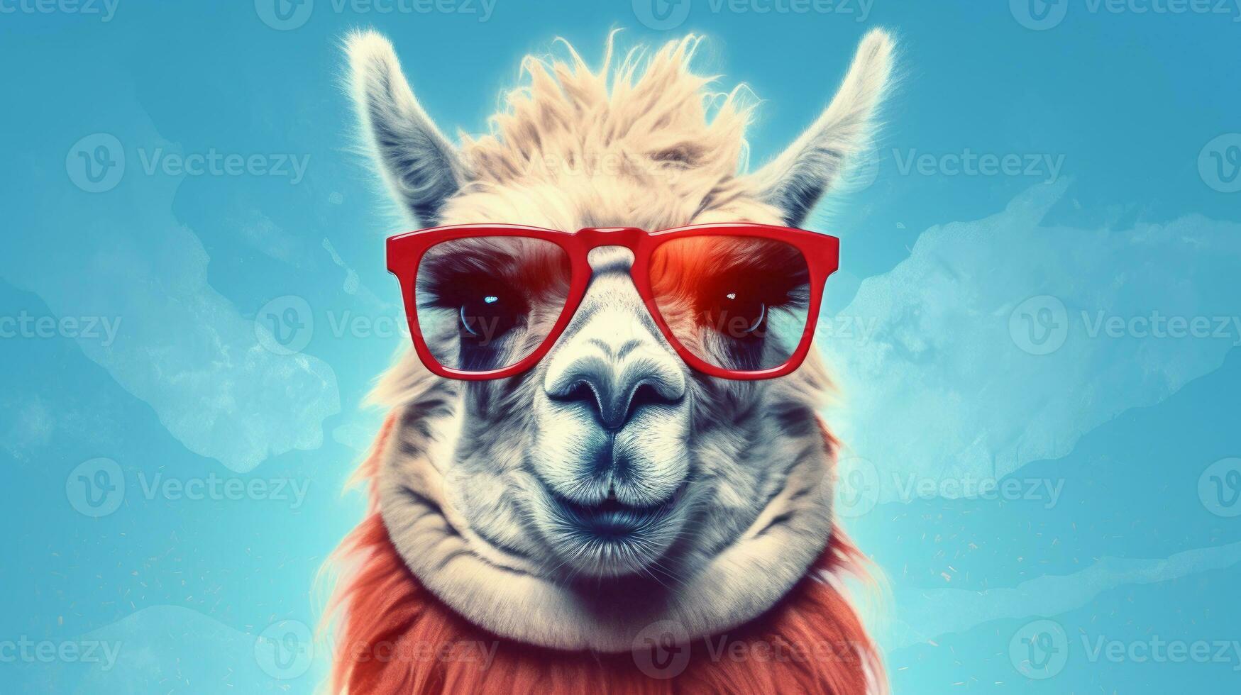 ai generative Funny alpaca wearing red sunglasses. Portrait of funny llama. photo