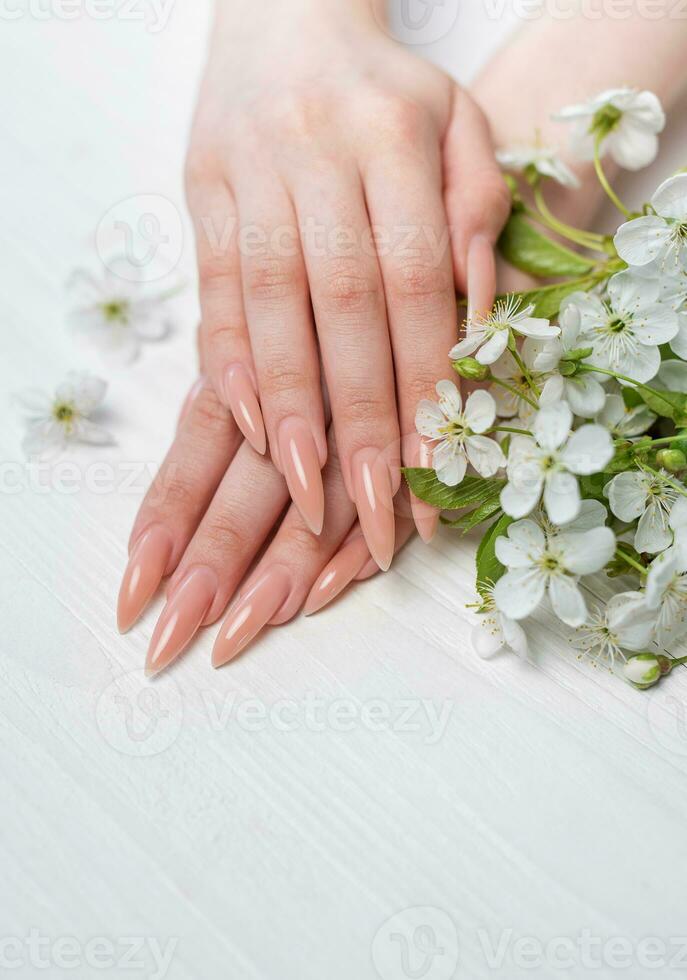 Elegant pastel pink natural manicure. photo