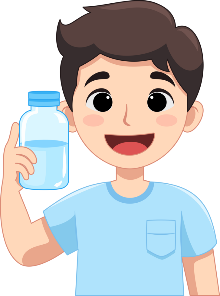 Healthy and happy man is holding a refreshing bottle of water. Flat style cartoon illustration. png
