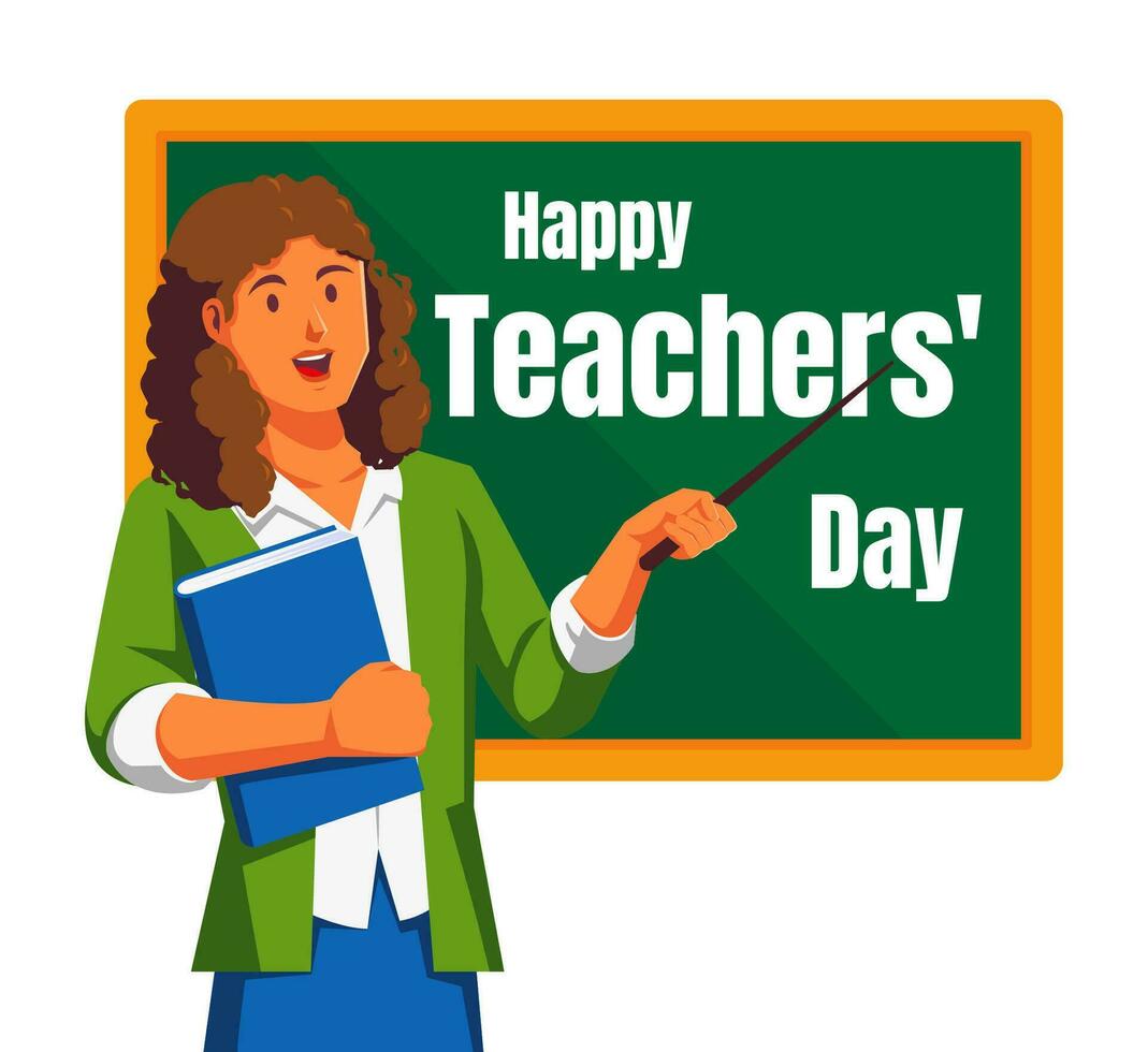 Happy teachers day with female teacher and chalkboard vector illustration.