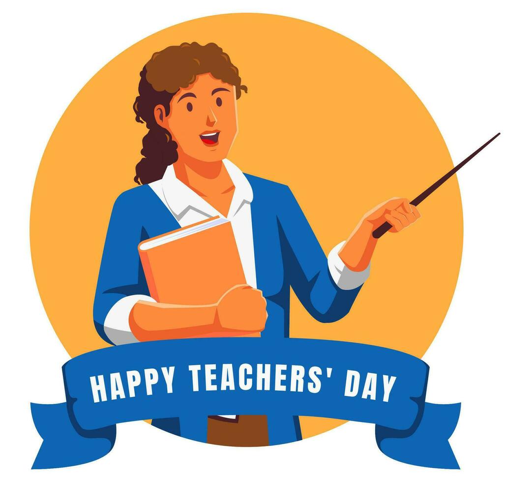 Happy teachers day with female teacher holding book and pointer vector