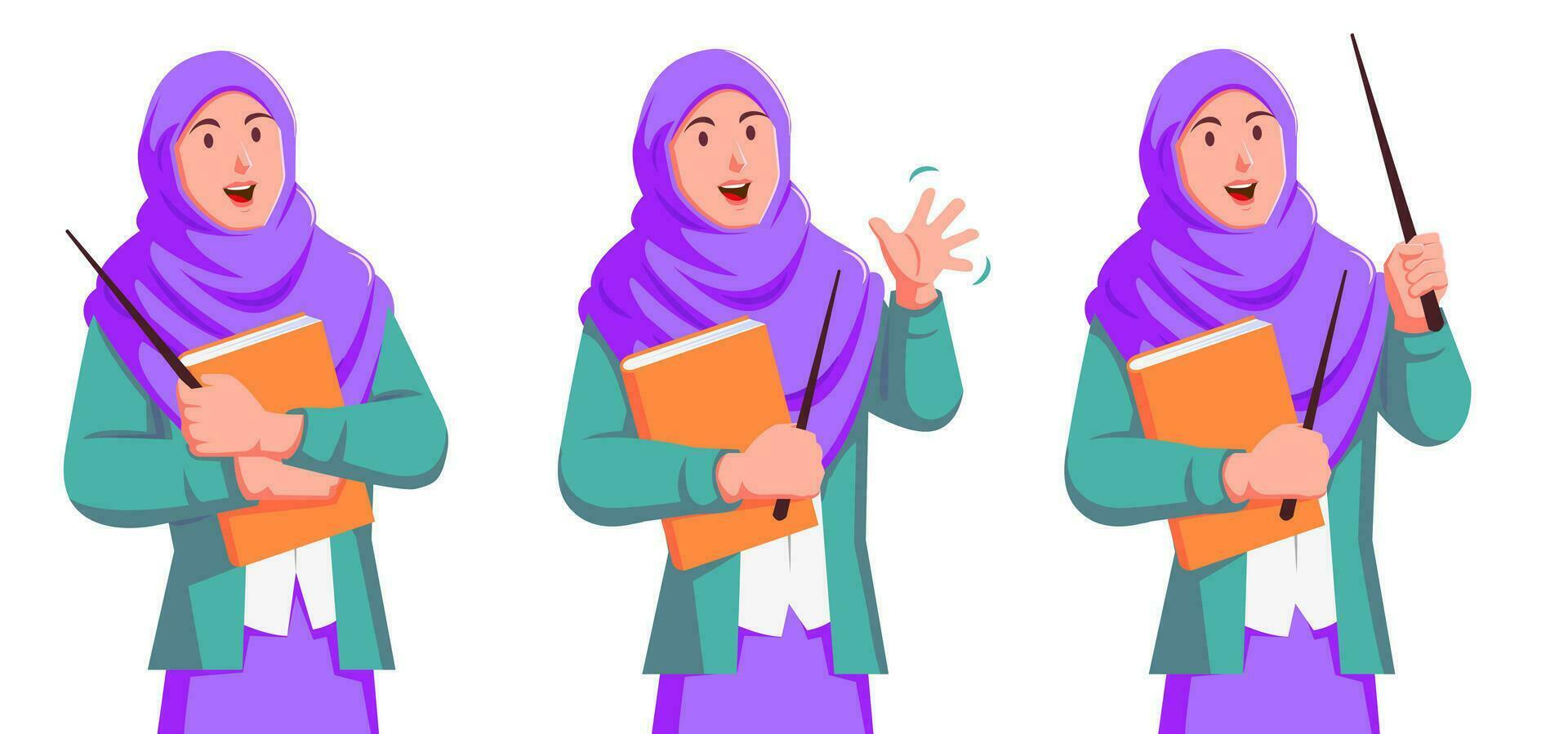 Muslim female teacher holding book and pointer vector