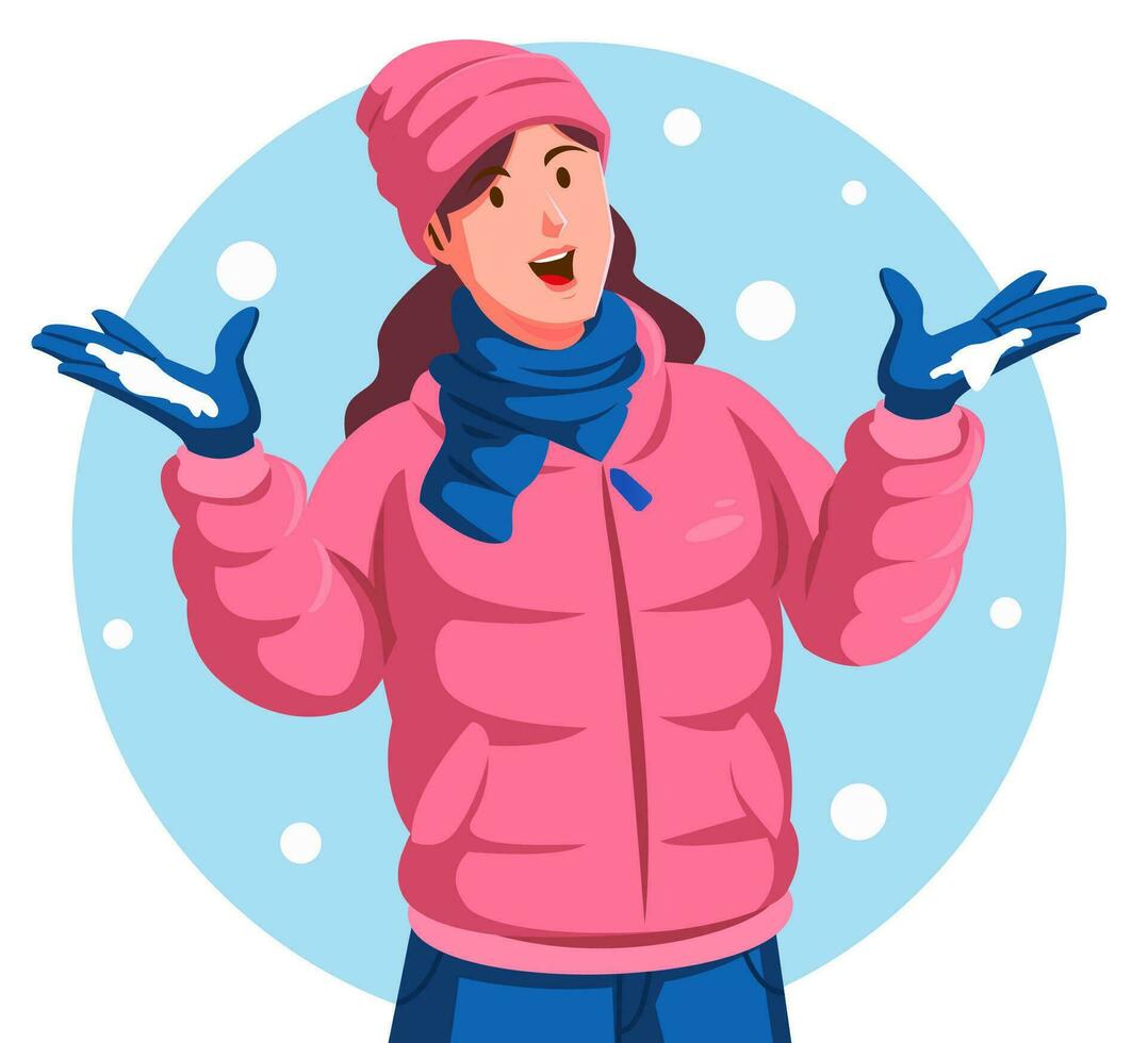 ilustración de un mujer en un calentar chaqueta participación un copo de nieve vector