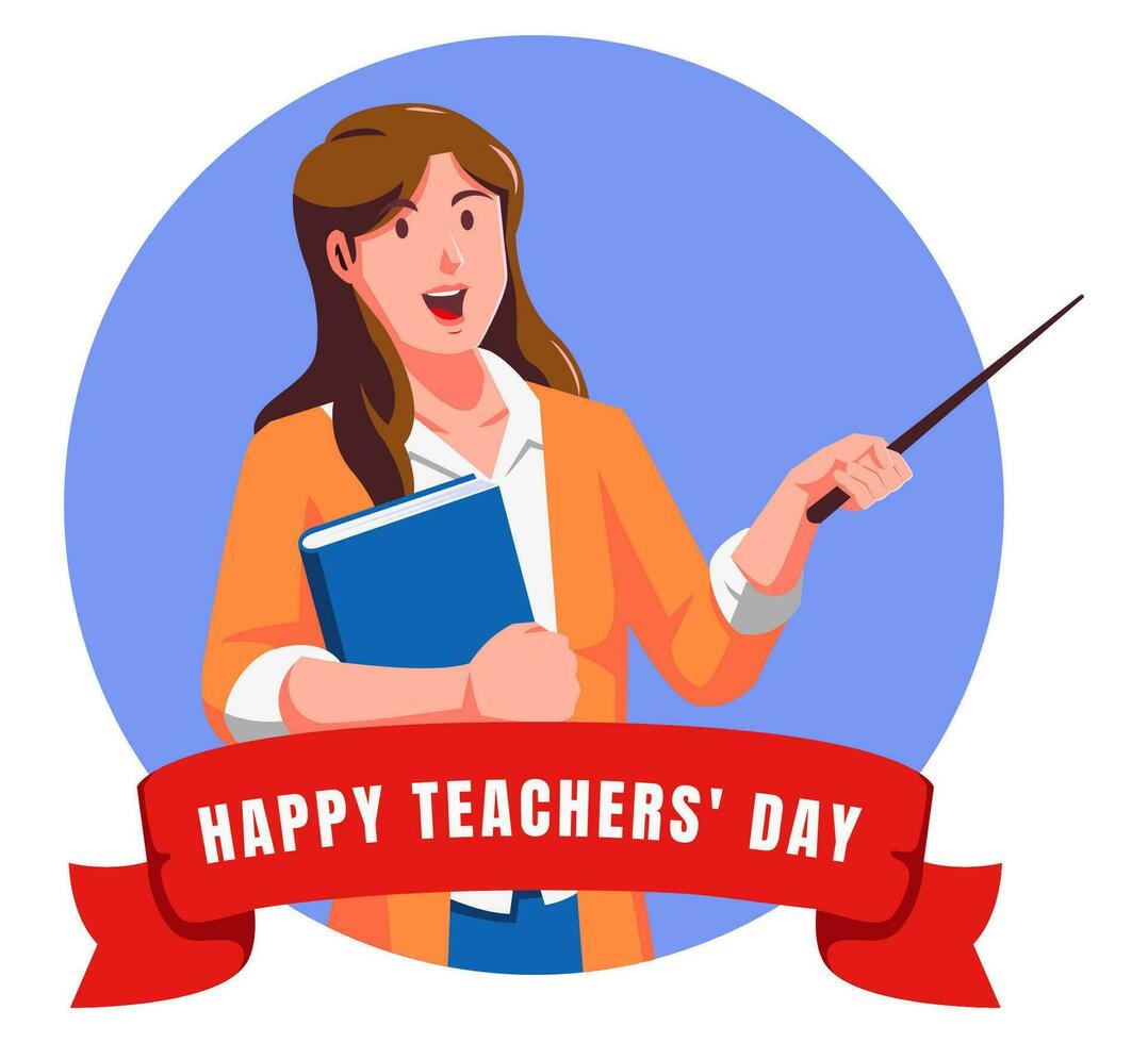 Happy teachers day with female teacher holding book and pointer vector