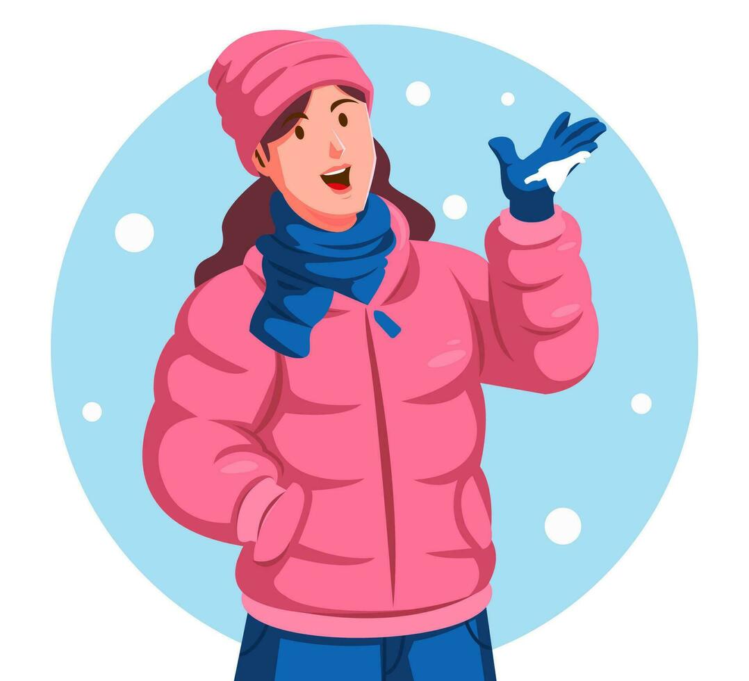 ilustración de un mujer en un calentar chaqueta participación un copo de nieve vector