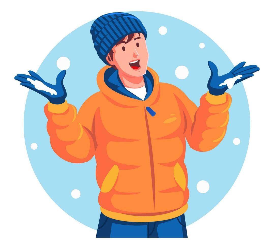 Cartoon illustration of a man in winter clothes holding snowflakes vector