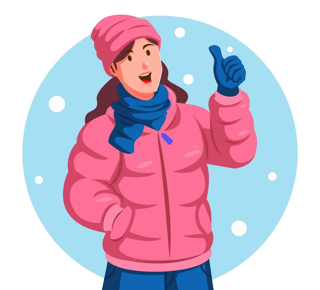mujer vistiendo un invierno chaqueta dando pulgares arriba vector