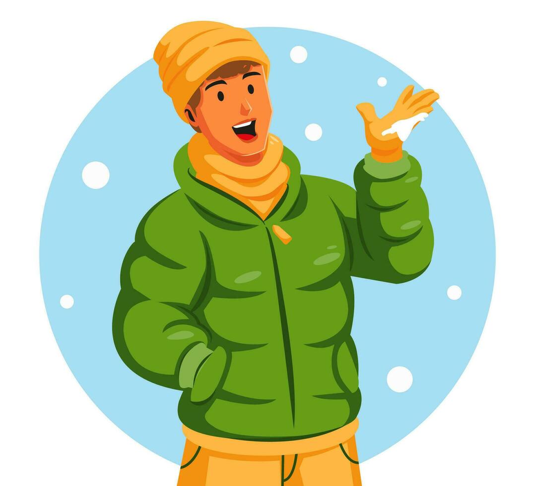 ilustración de un hombre vistiendo un invierno chaqueta y bufanda con copos de nieve vector