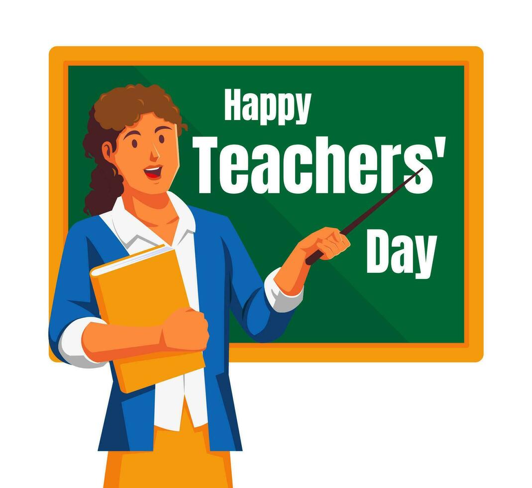 Happy teachers day with black female teacher and chalkboard vector illustration.