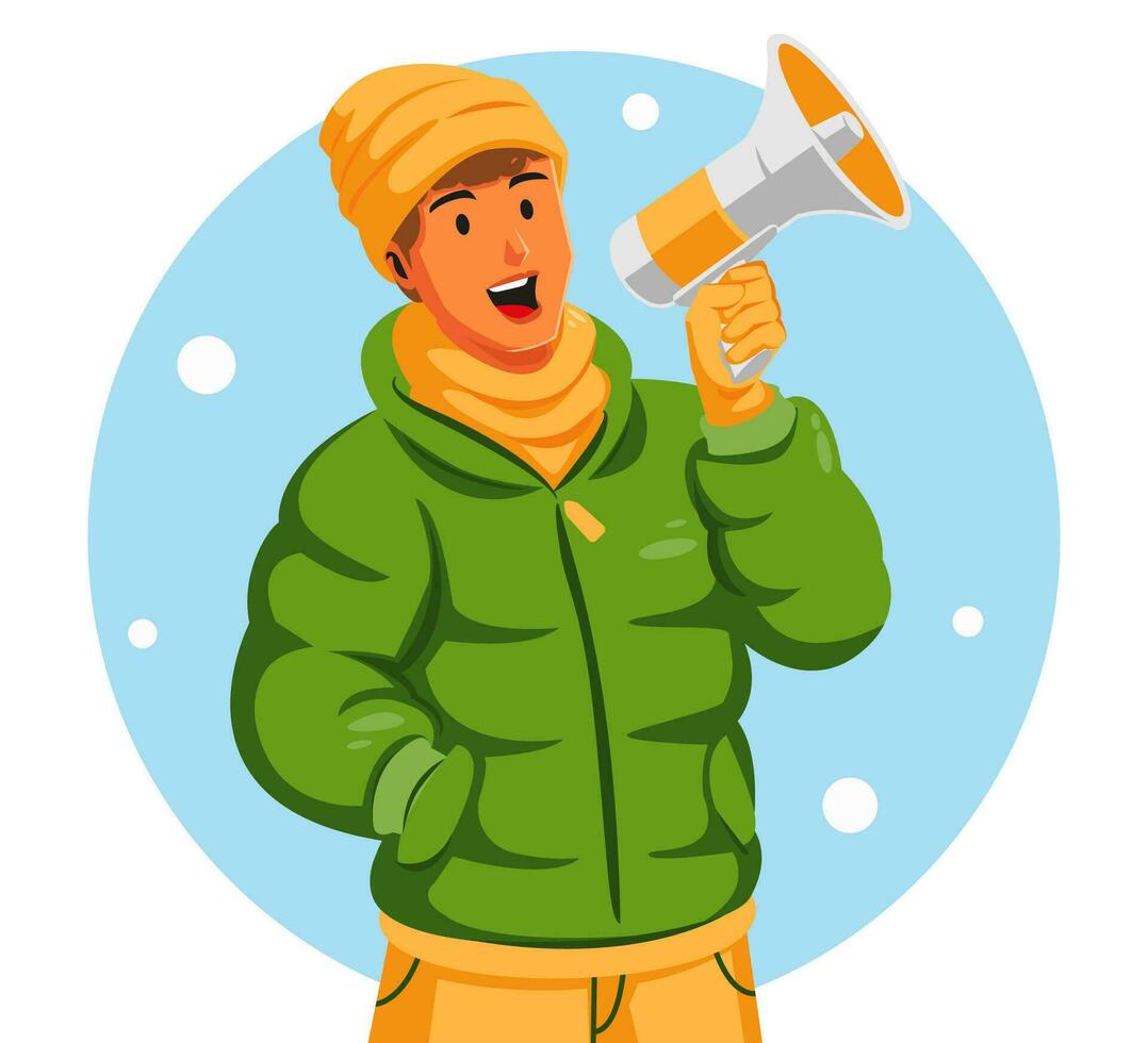 illustration of a girl in winter clothes holding a megaphone vector