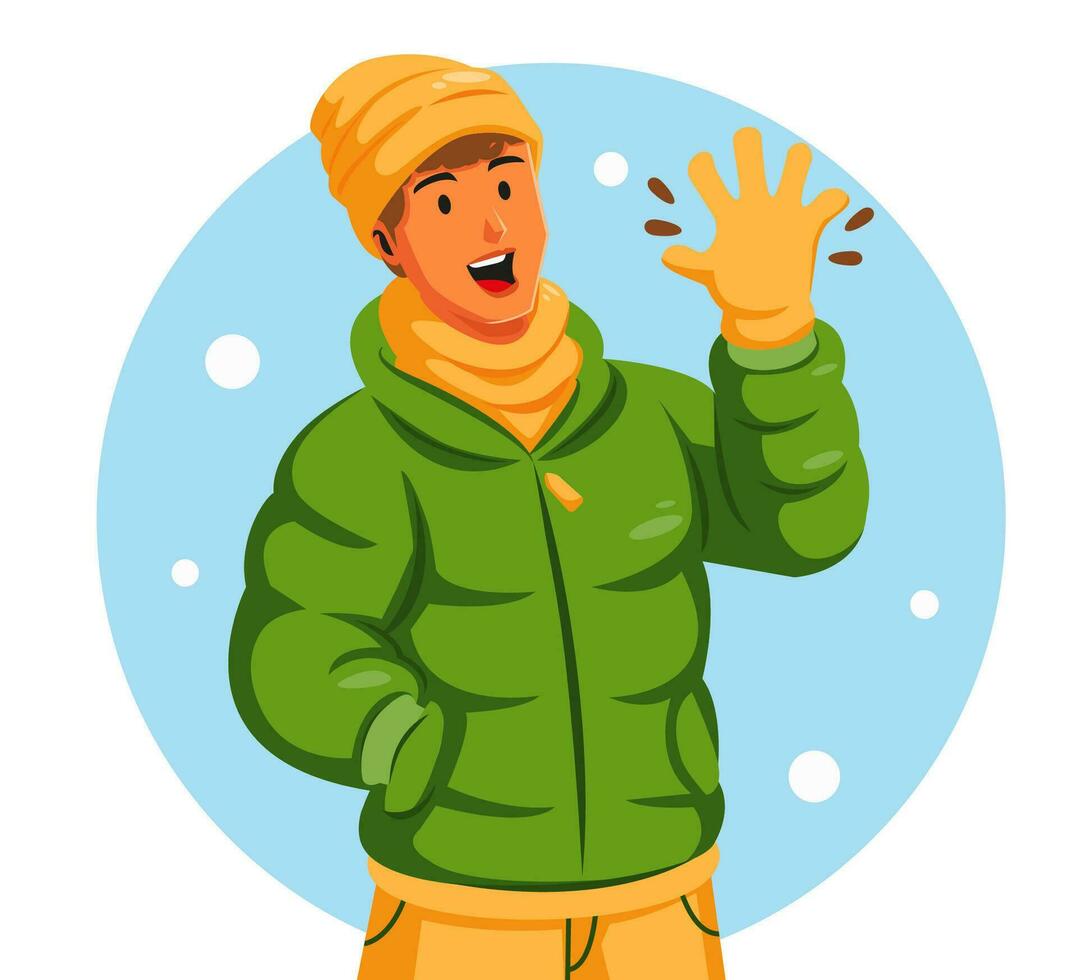 Illustration of a Man Wearing Winter Clothes Waving His Hand vector