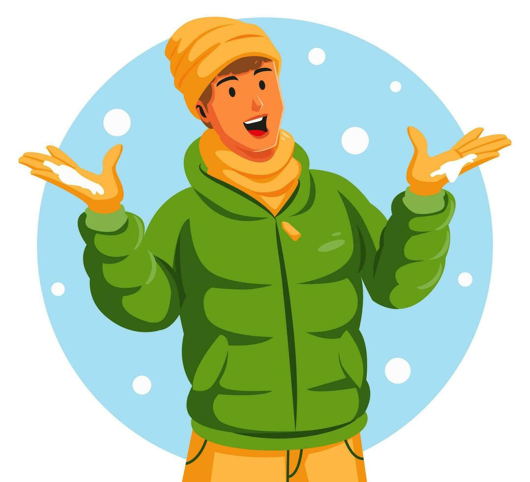 ilustración de un hombre vistiendo un invierno chaqueta y bufanda con copos de nieve vector