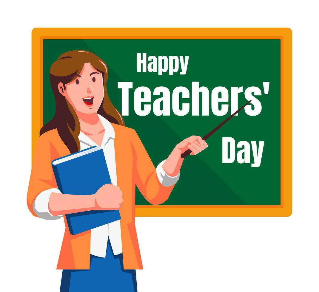 Happy teachers day with female teacher and chalkboard vector illustration.