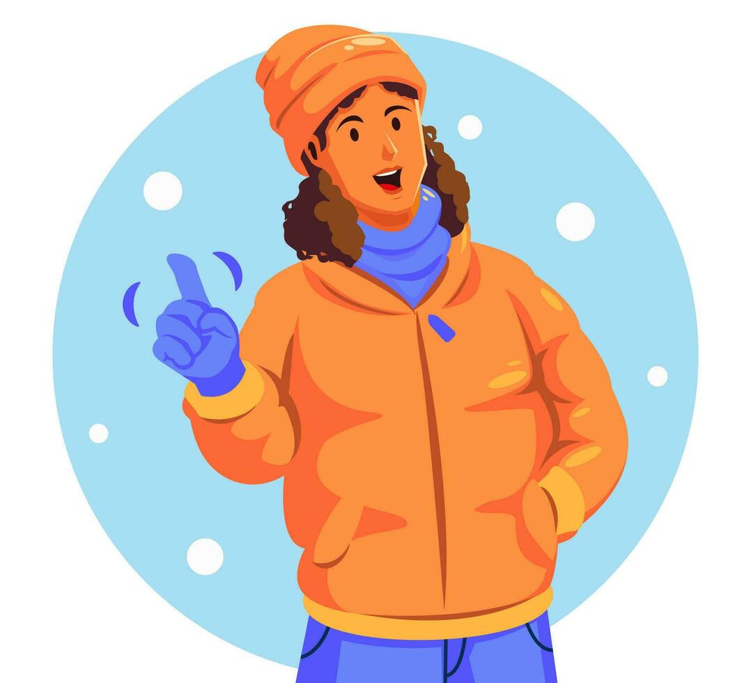 ilustración de un mujer en un calentar chaqueta participación un copo de nieve vector