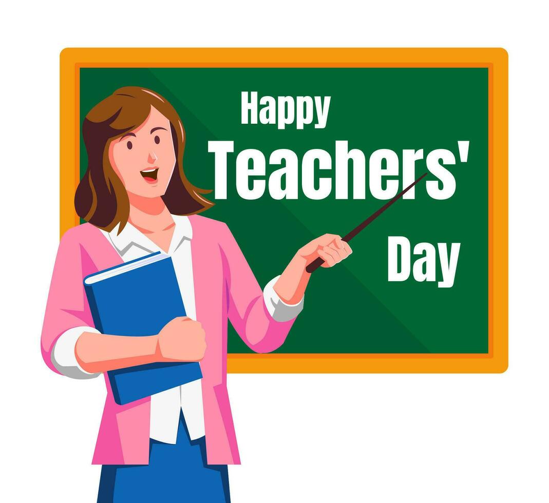 Happy teachers day with female teacher and chalkboard vector illustration.