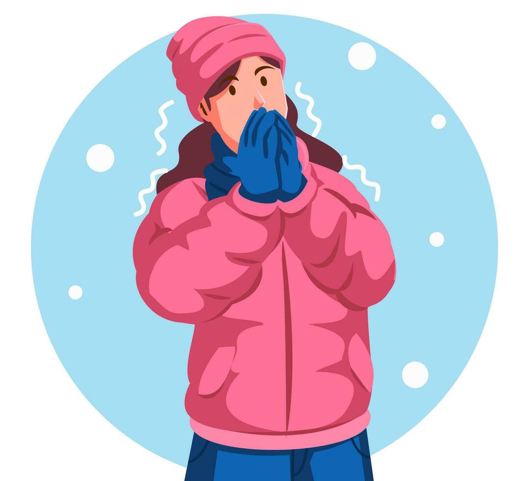 ilustración de un mujer vistiendo un invierno chaqueta y estornudos vector