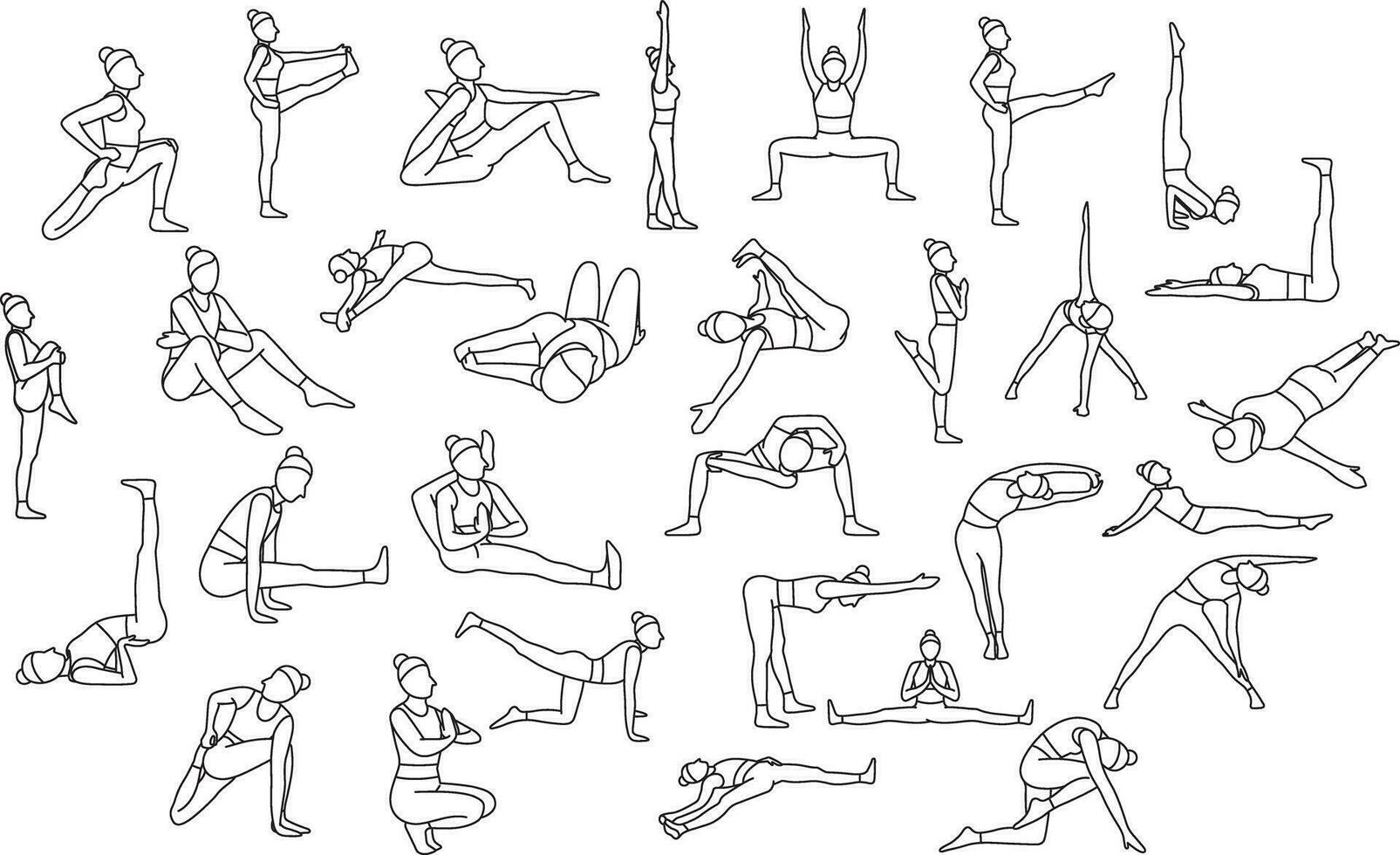 conjunto de sencillo vector iconos, sano estilo de vida, yoga asanas, Deportes, garabatos y bocetos