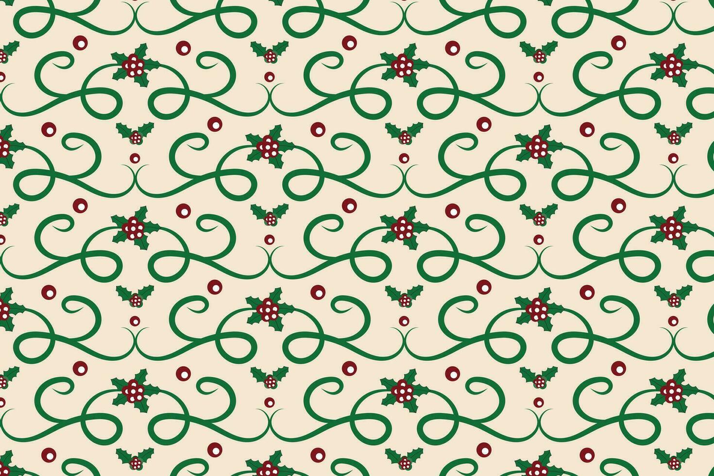 Christmas Filigree swirl berry leaf Seamless Pattern, holly leaves modern Christmas pattern, winter vibes holiday green ornate Christmas vector pattern, wrapping paper holiday printing fabric