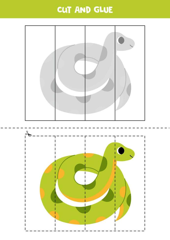 Cut and glue game for kids. Cute cartoon green anaconda. vector