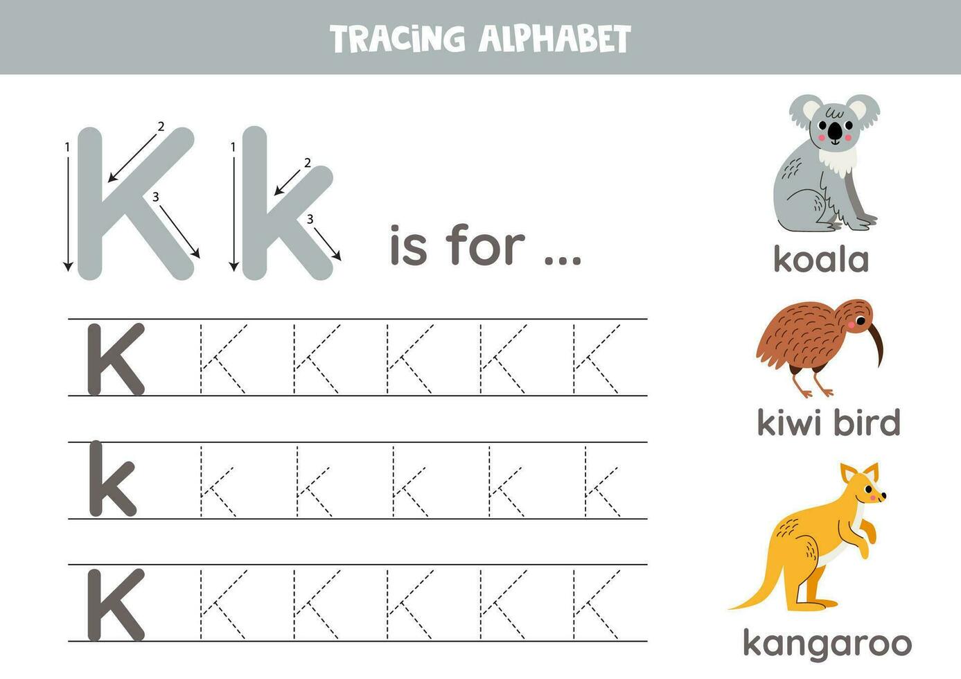 Tracing all letters of English alphabet. Preschool activity for kids. Writing uppercase and lowercase letter k. Printable worksheet. Cute illustration of koala, kiwi bird, kangaroo. vector