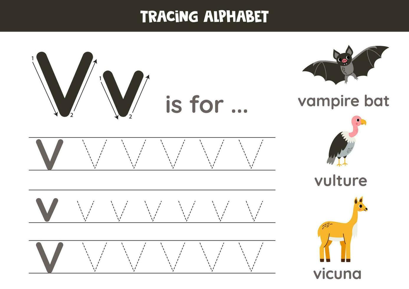 Tracing all letters of English alphabet. Preschool activity for kids. Writing uppercase and lowercase letter v. Printable worksheet. Cute illustration of vampire bat, vulture, vicuna. vector