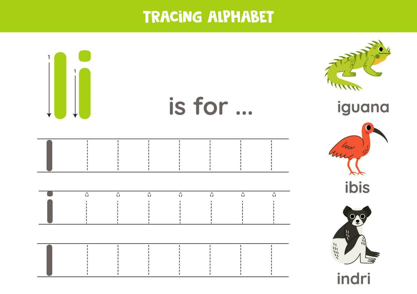 Tracing all letters of English alphabet. Preschool activity for kids. Writing uppercase and lowercase letter I. Printable worksheet. Cute illustration of iguana, indri, ibis. vector