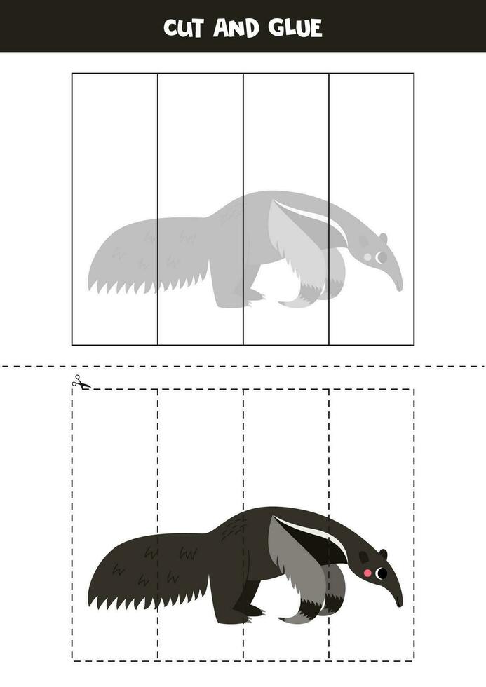 Cut and glue game for kids. Cute cartoon giant anteater. vector