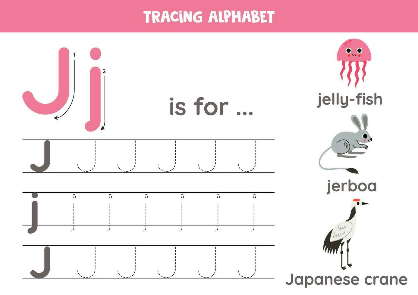 Tracing all letters of English alphabet. Preschool activity for kids. Writing uppercase and lowercase letter J. Printable worksheet. Cute illustration of jelly fish, jerboa, japanese crane. vector