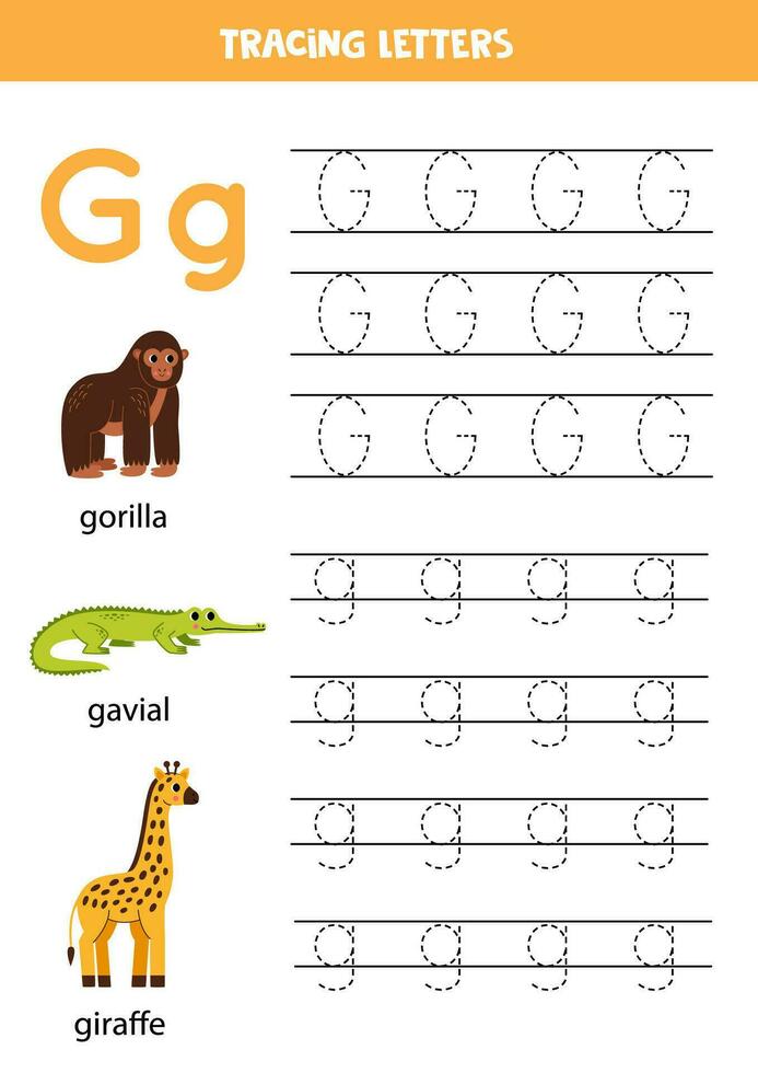 Tracing alphabet letters for kids. Animal alphabet. Letter g is for gorilla gavial and giraffe. vector