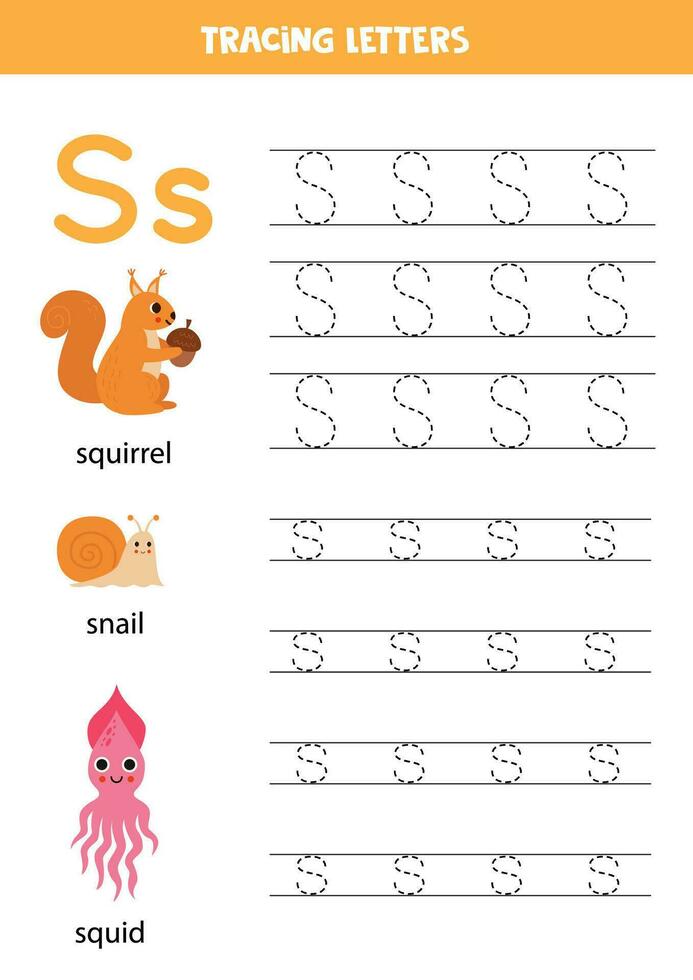 Tracing alphabet letters for kids. Animal alphabet.  Letter s is for squirrel snail squid. vector