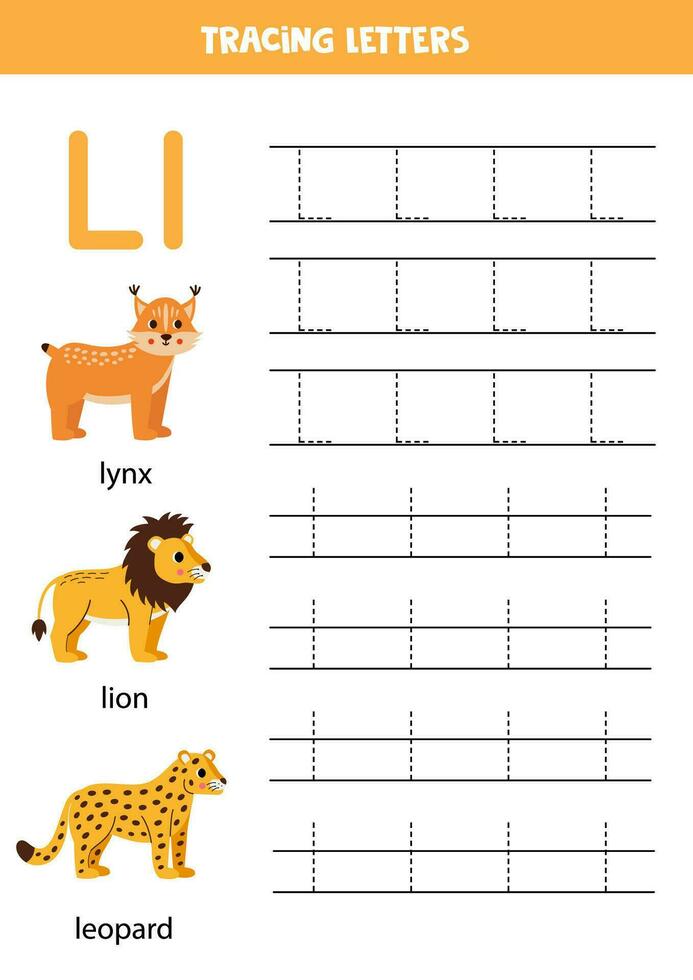 rastreo alfabeto letras para niños. animal alfabeto. letra l es para león leopardo y lince. vector