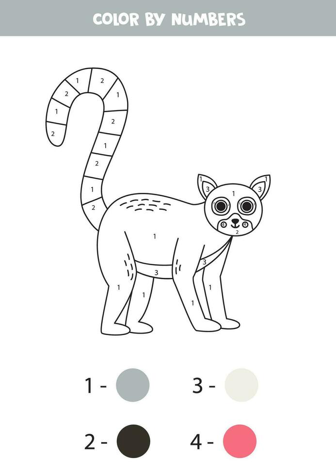 Color cartoon lemur by numbers. Worksheet for kids. vector