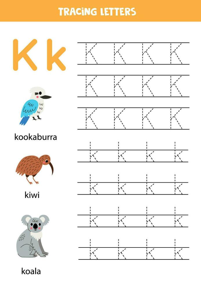 Tracing alphabet letters for kids. Animal alphabet. Letter K is for