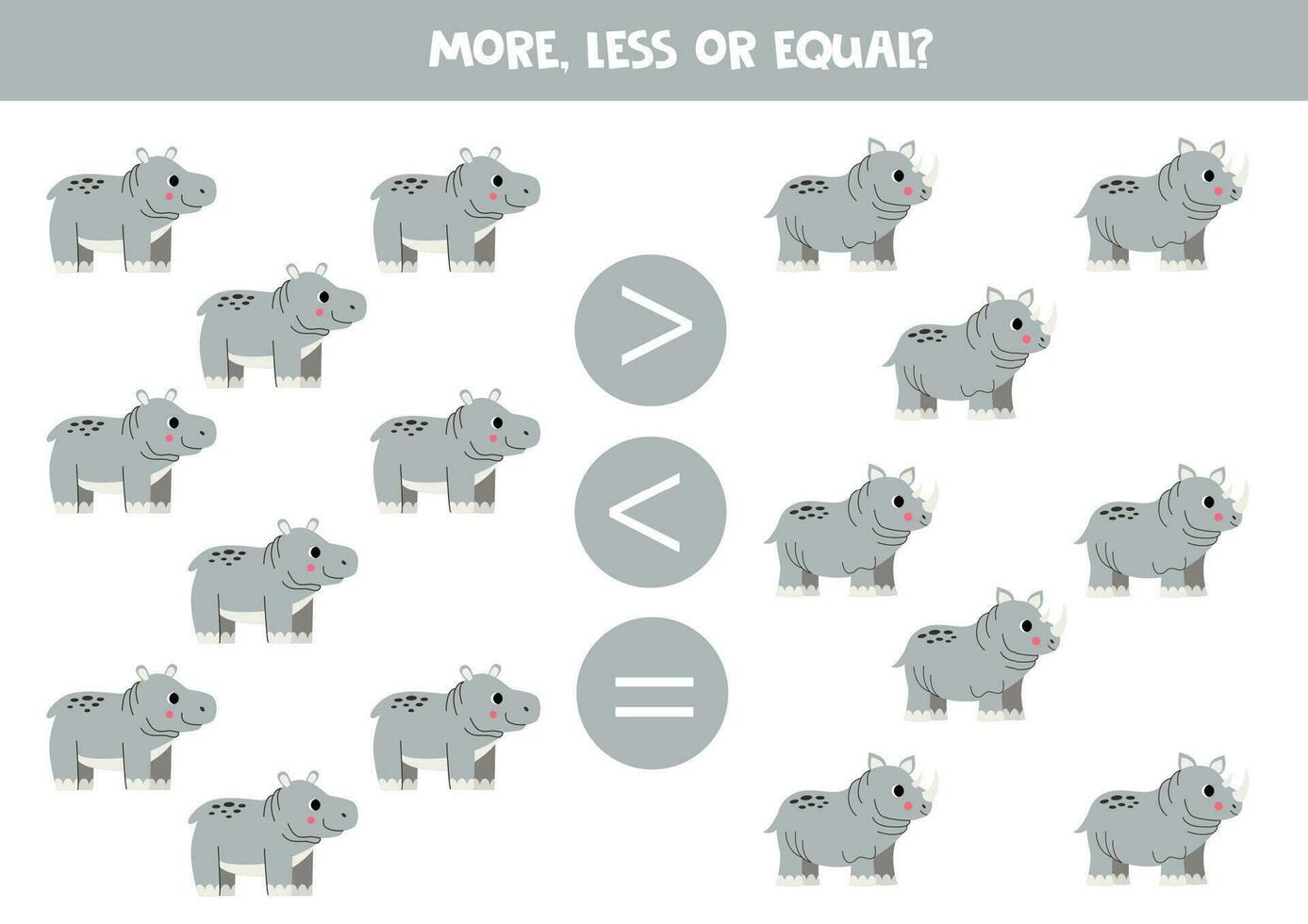 Grater, less or equal with cartoon hippopotamuses and rhinoceroses. vector