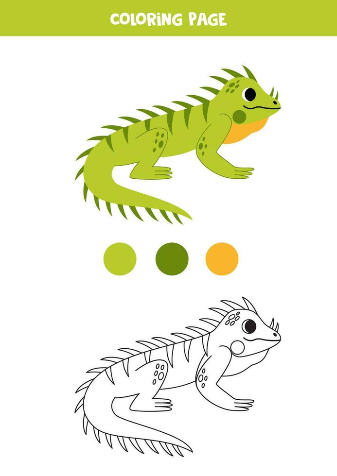 Color cute cartoon green iguana. Worksheet for kids. vector
