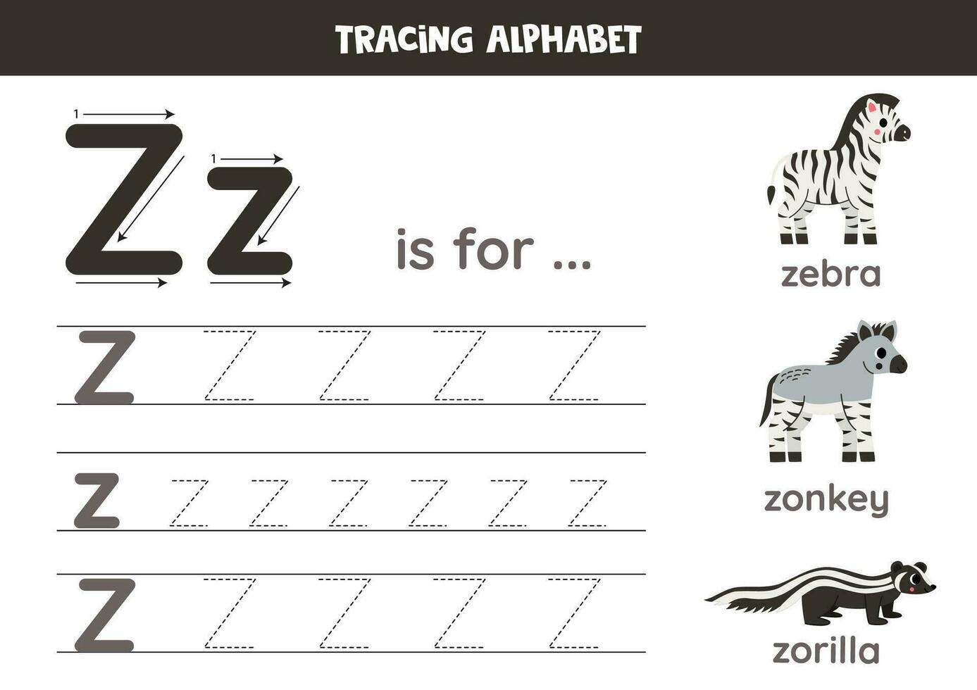 Tracing all letters of English alphabet. Preschool activity for kids. Writing uppercase and lowercase letter z. Printable worksheet. Cute illustration of zonkey, zebra, zorilla. vector