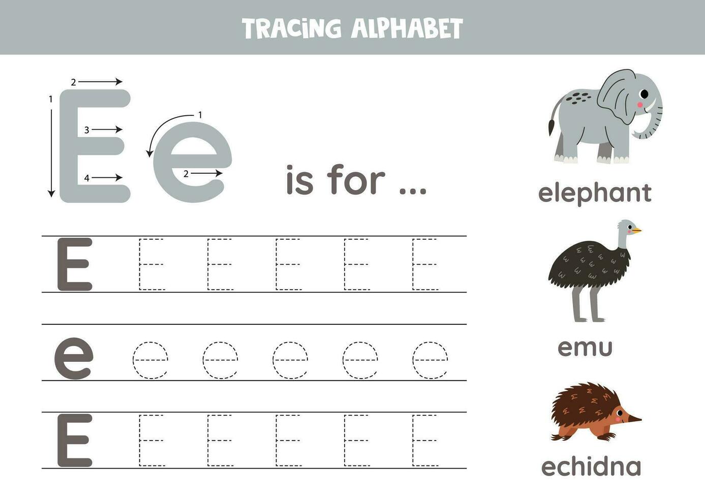 Tracing all letters of English alphabet. Preschool activity for kids. Writing uppercase and lowercase letter E. Printable worksheet. Cute illustration of elephant, emu, echidna. vector