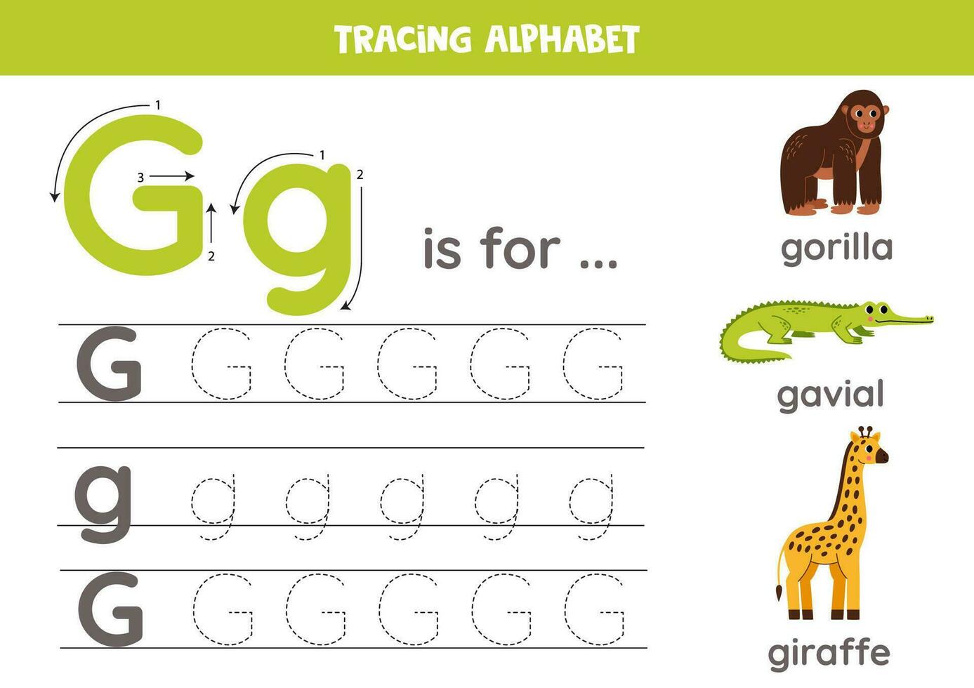 Tracing all letters of English alphabet. Preschool activity for kids. Writing uppercase and lowercase letter G. Printable worksheet. Cute illustration of gorilla, gavial, giraffe. vector