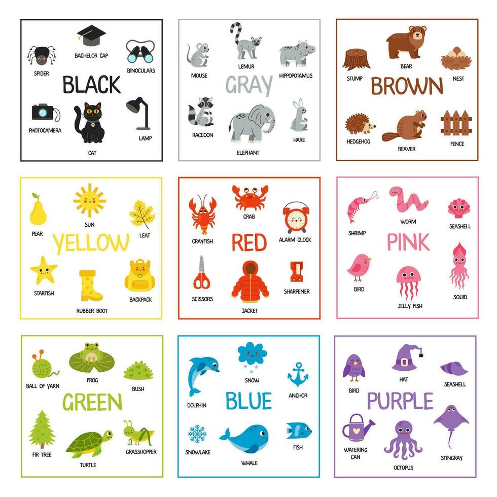 Color learning cards for kids. Big Colorful set of flashcards. Basic colors. vector