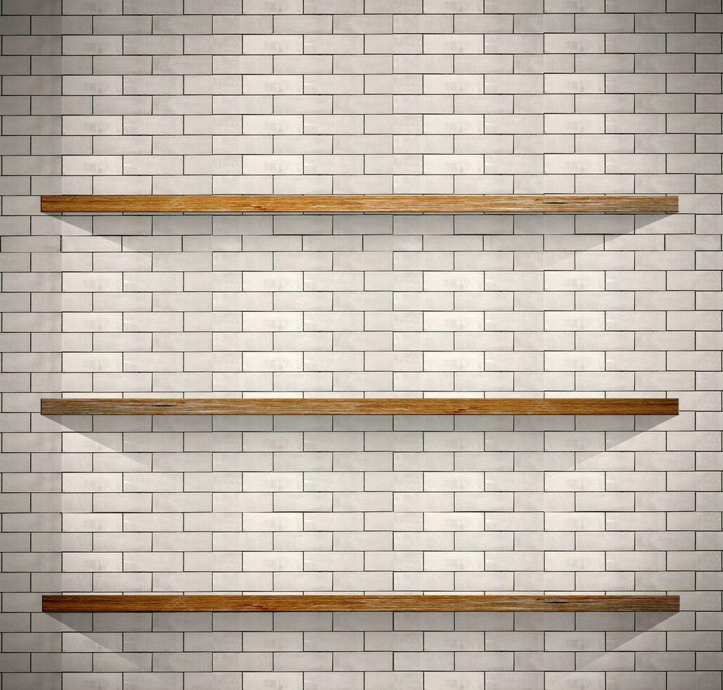 Empty wood shelves on white brick background. photo