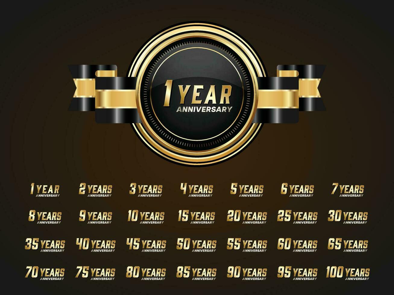 Set of Vintage Anniversary Badges Celebration. Anniversary golden luxury number vector