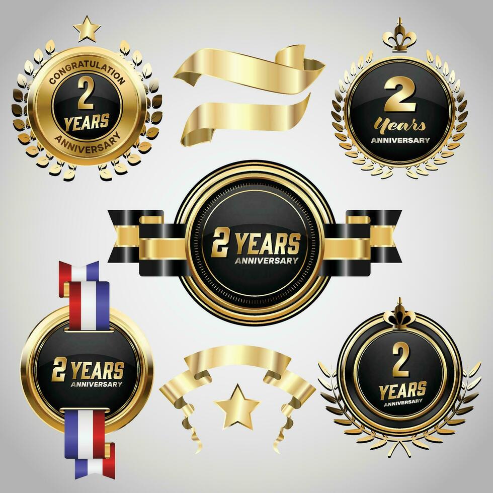 2 years anniversary logo with golden ribbon. Set of Vintage Anniversary Badges Celebration vector