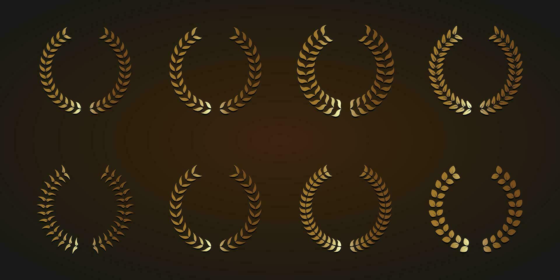 Set of golden vector laurel wreaths on black background