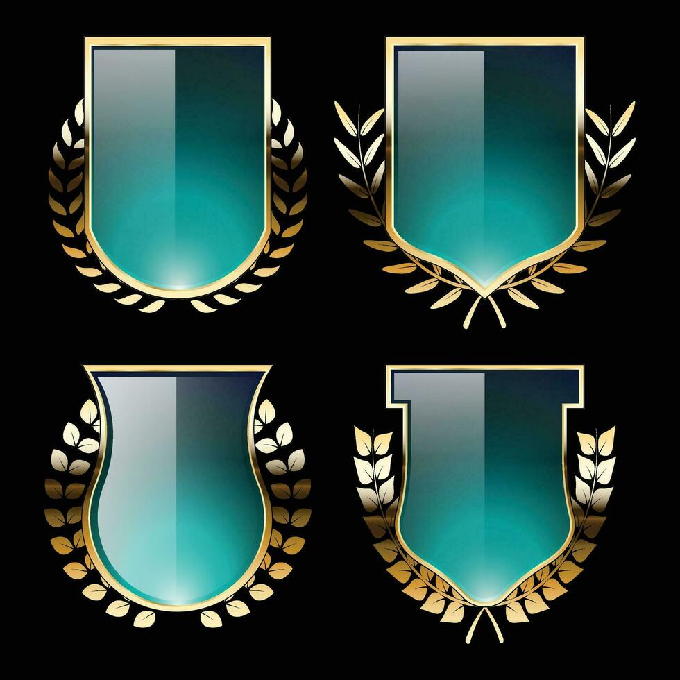 Luxury golden green shield badges and labels. Retro vintage heraldic shield badge design vector