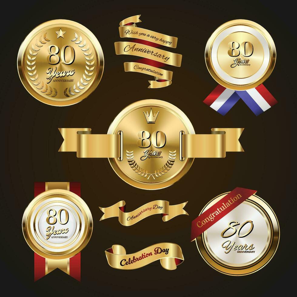 80 years anniversary logo with golden ribbon. Set of Vintage Anniversary Badges Celebration vector