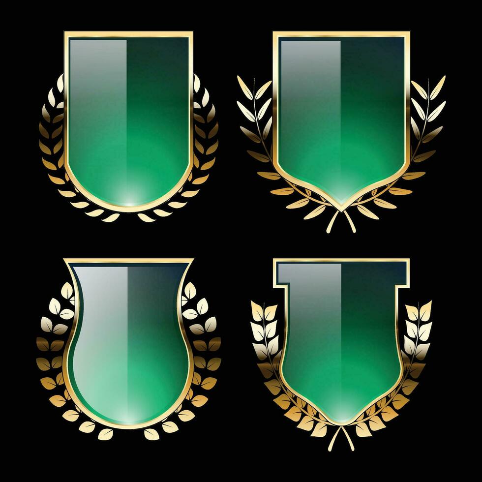 lujo dorado verde proteger insignias y etiquetas. retro Clásico heráldico proteger Insignia diseño vector