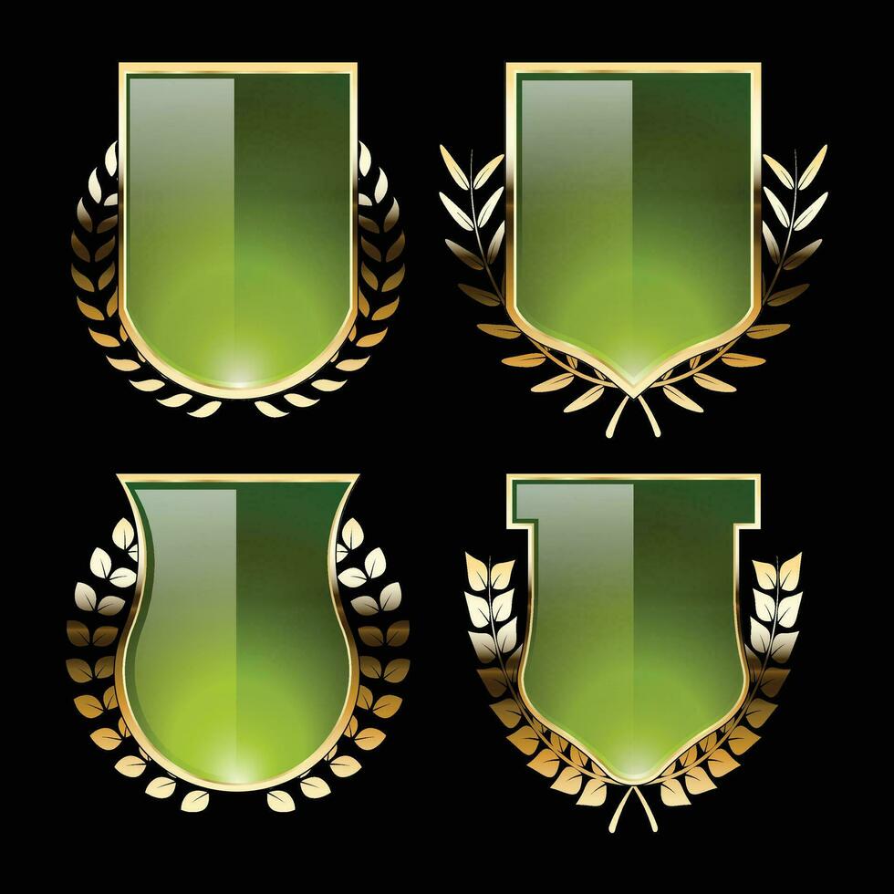 Luxury golden green shield badges and labels. Retro vintage heraldic shield badge design vector
