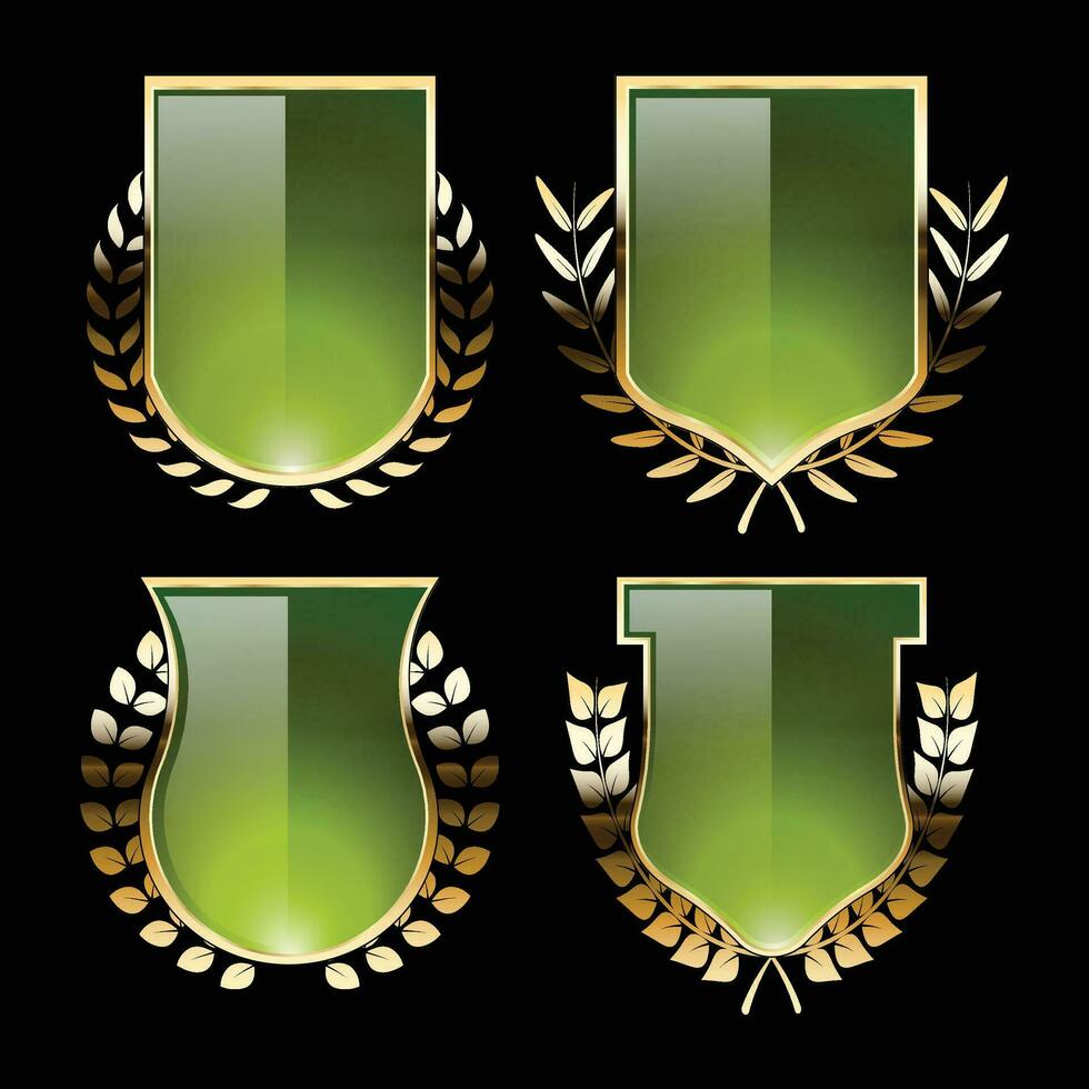 lujo dorado verde proteger insignias y etiquetas. retro Clásico heráldico proteger Insignia diseño vector