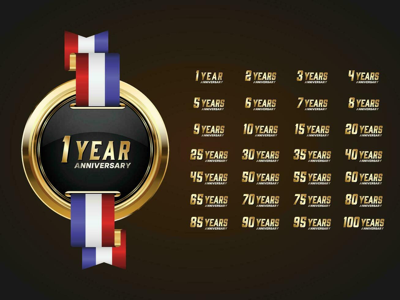 Set of Vintage Anniversary Badges Celebration. Anniversary golden luxury number vector
