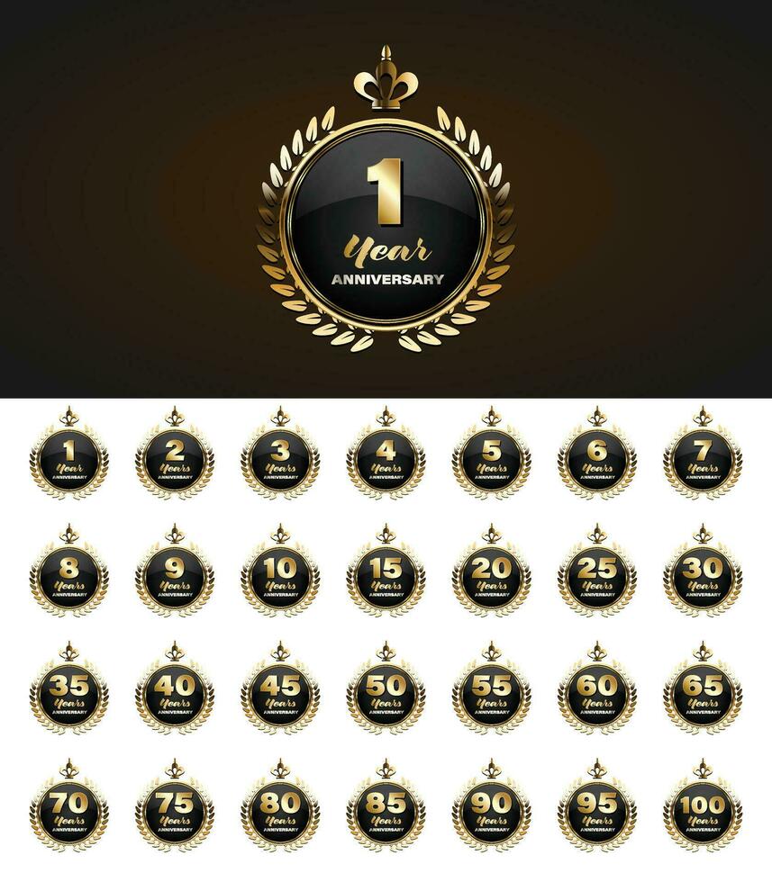 Set of Vintage Anniversary Badges Celebration. Anniversary golden luxury number vector